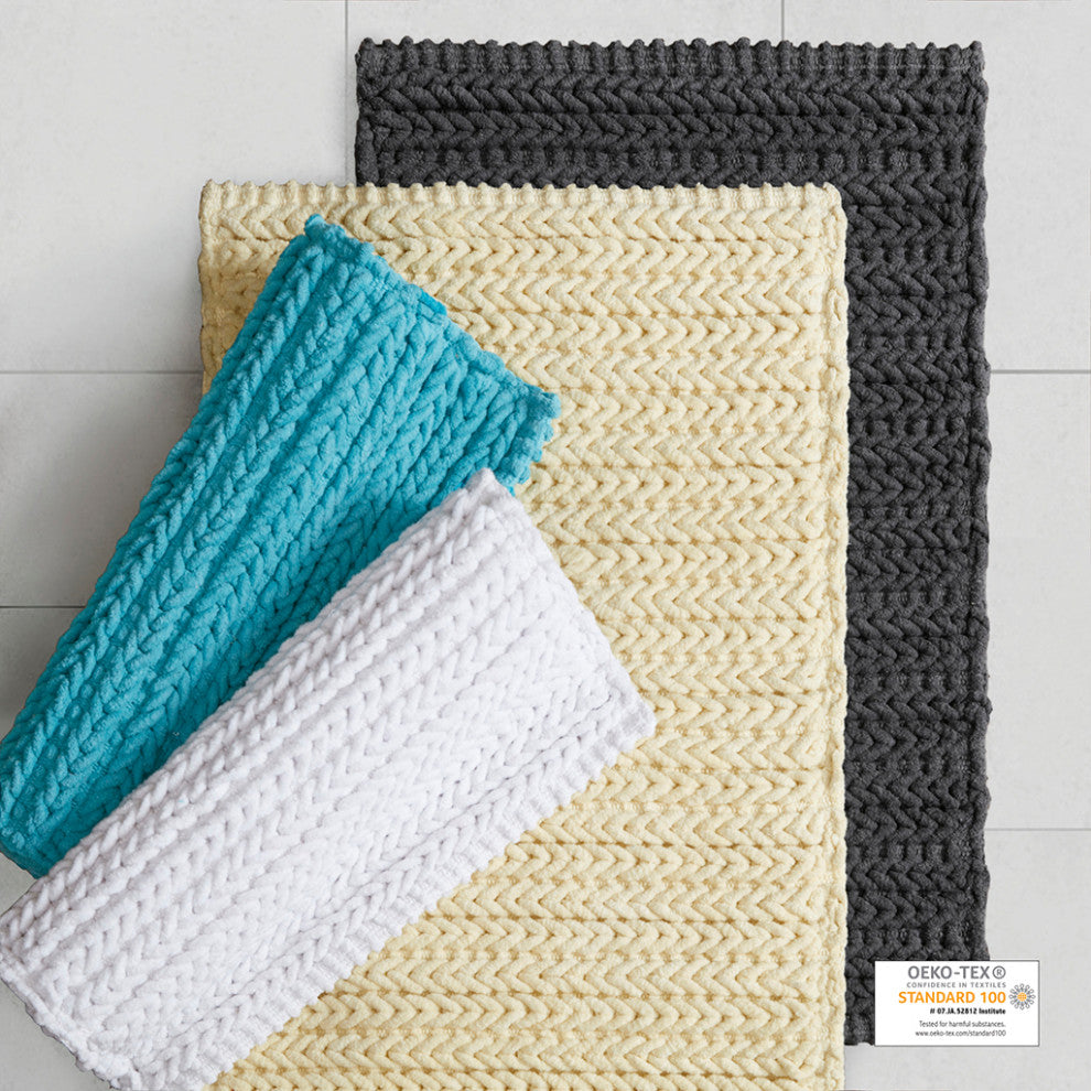 Madison Park Lasso 100% Cotton Chenille Chain Stitch Rug, White
