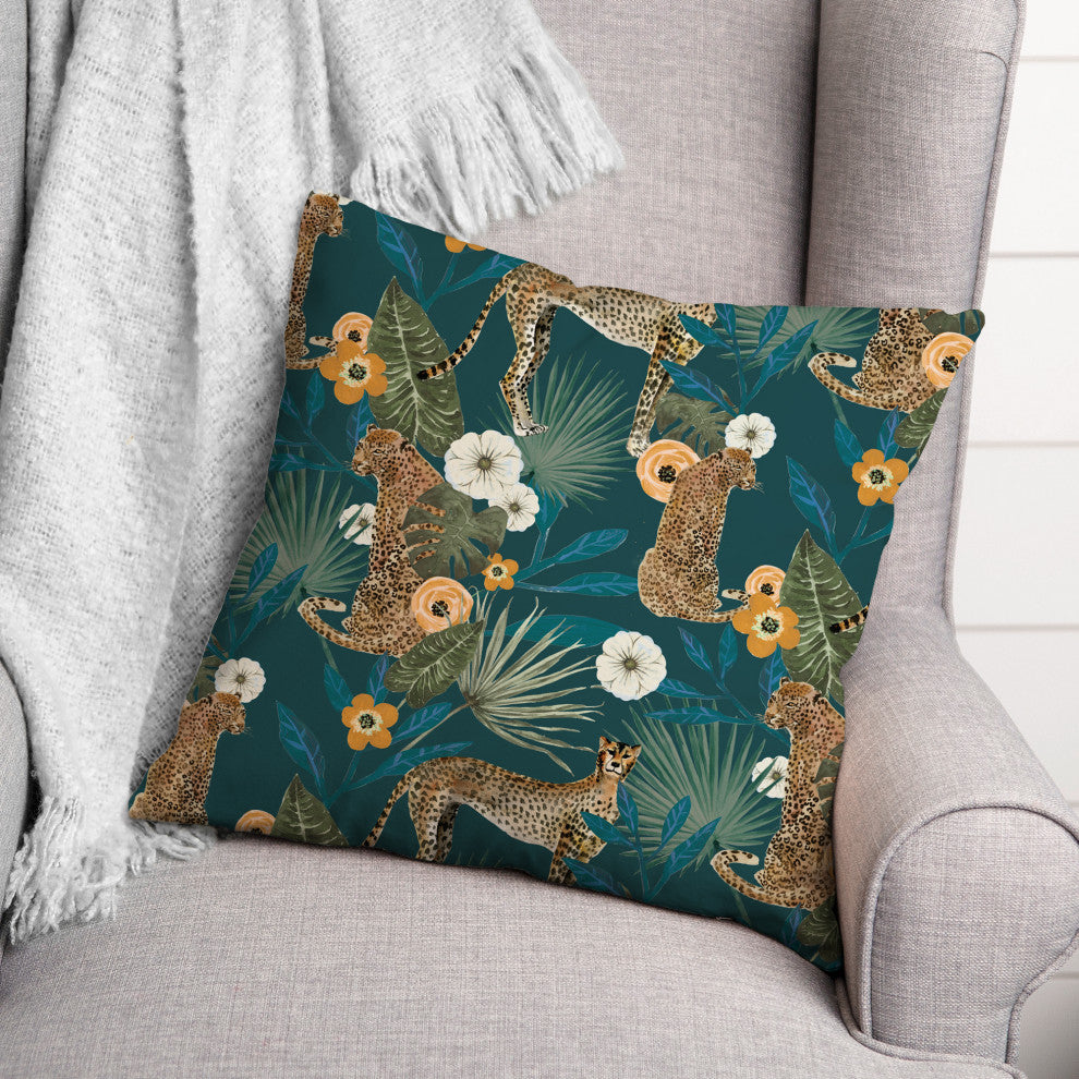 Tropical Cheetah Teal 18x18 Spun Poly Pillow