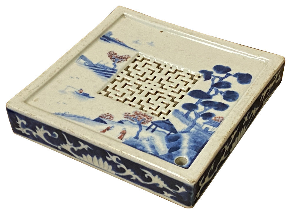 Chinese Blue White Scenery Porcelain Coaster Stand Soap Holder Hws2302