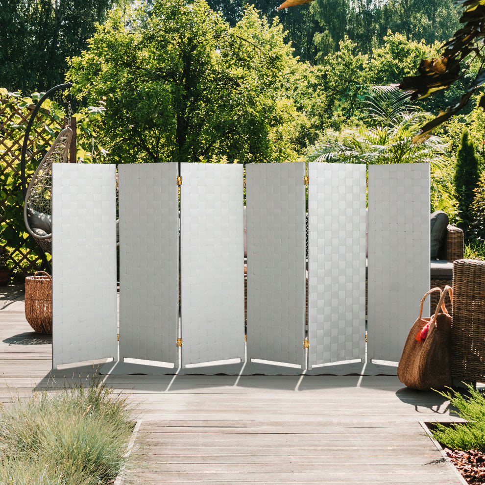 4 ft. Short Woven Fiber Outdoor All Weather Room Divider 6 Panel White