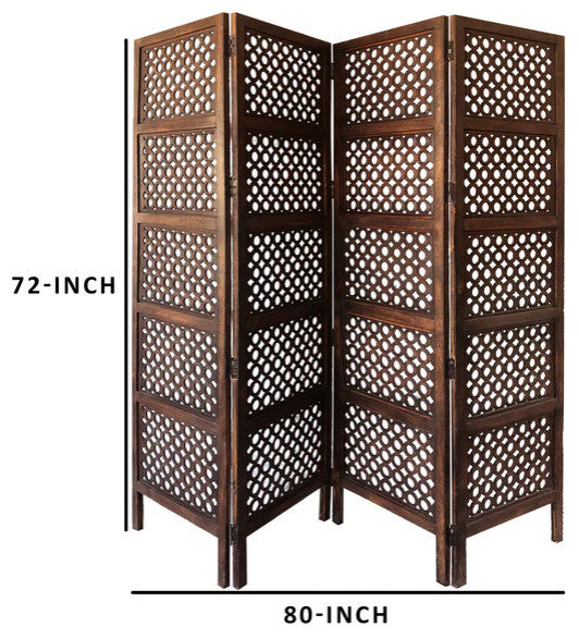 Benzara BM01876 4 Panel Mango Wood Room Divider, Circular Cutout Design, Brown