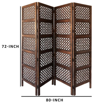 Benzara BM01876 4 Panel Mango Wood Room Divider, Circular Cutout Design, Brown