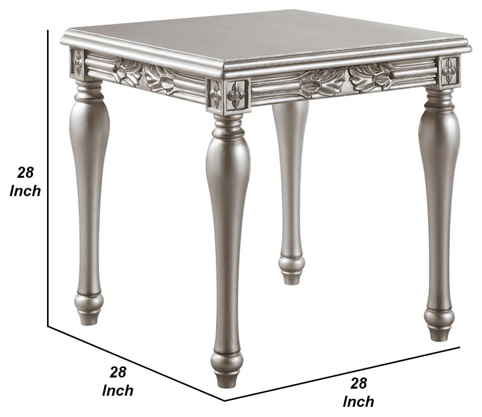 Benzara BM276228 28" Classic End Table, Square, Floral Trim, Wood, Silver