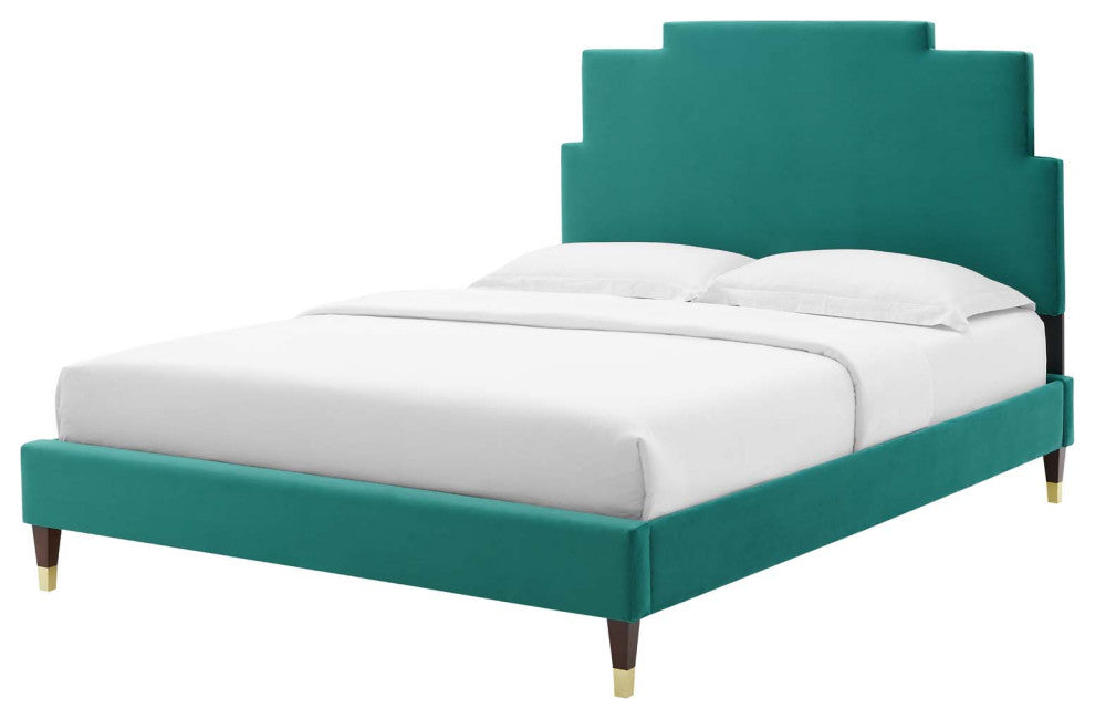 Platform Bed Frame, Full Size, Velvet, Teal Blue, Modern Contemporary, Bedroom