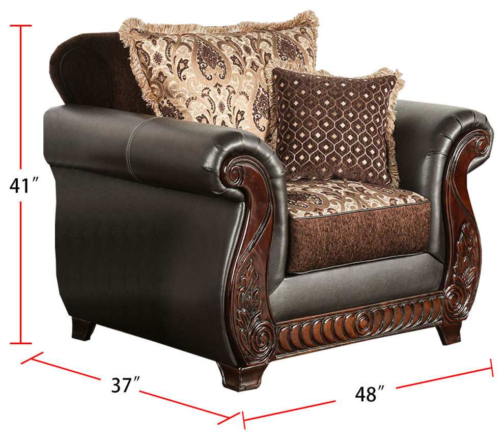 Fabric and Leatherette Chair with Rolled Arms Design, Dark Brown