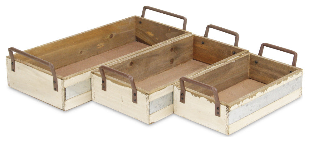 Rectangular Wood and Metal Storage Crates, Set of 3