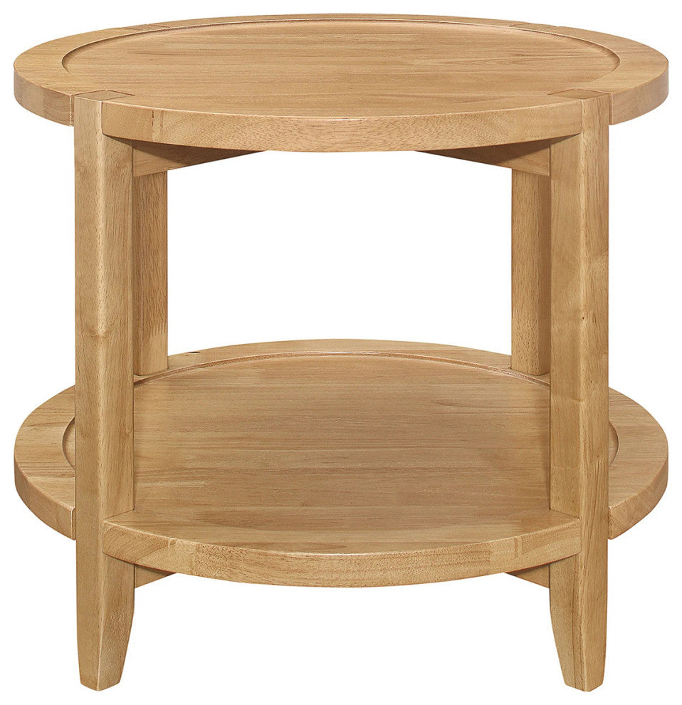 Round Solid Wood Side End Table With 1 Shelf, Maple Brown