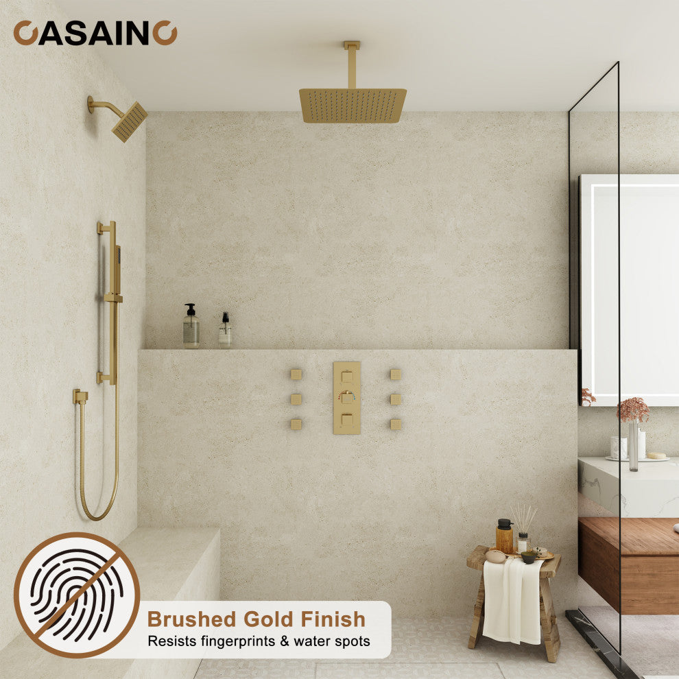 16inch Deluxe Showerhead Dual Shower Head System With Slide Bar and 6 Body Jets, Brushed Gold