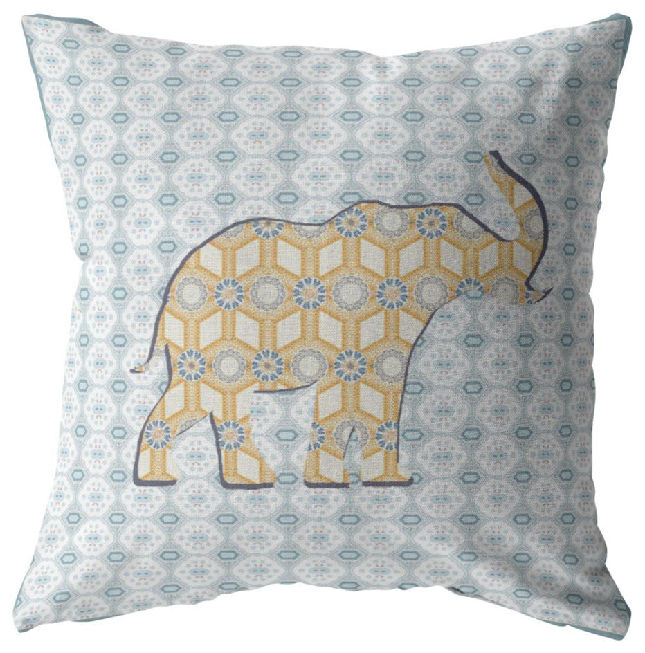 20" Blue Yellow Elephant Decorative Suede Throw Pillow