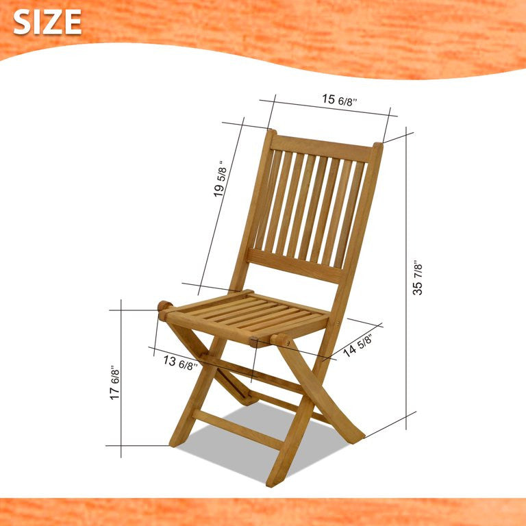 Set of 2 Armless Folding Chair, Teak Wood Construction With Slatted Back, Brown