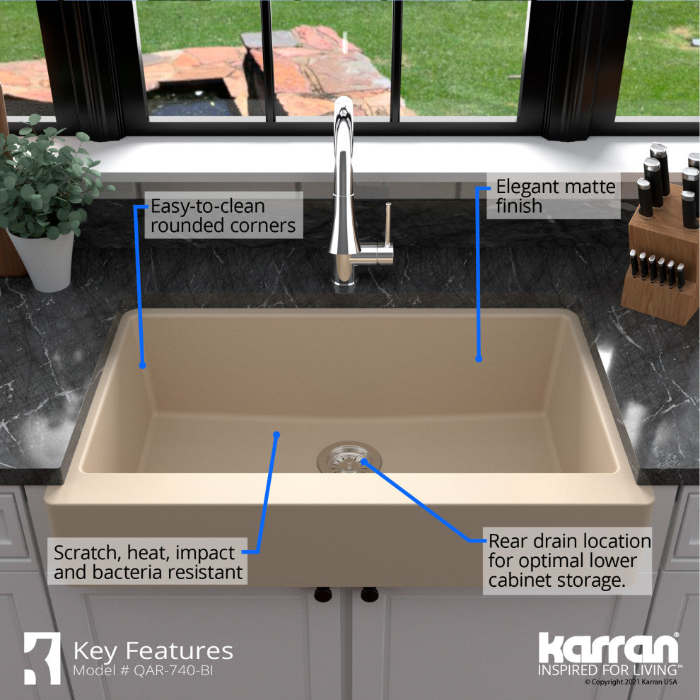 Karran Retrofit Farmhouse Quartz 34" Single Bowl Sink Kit, Bisque