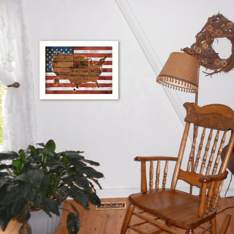 American Flag USA Map White Framed Print Wall Art