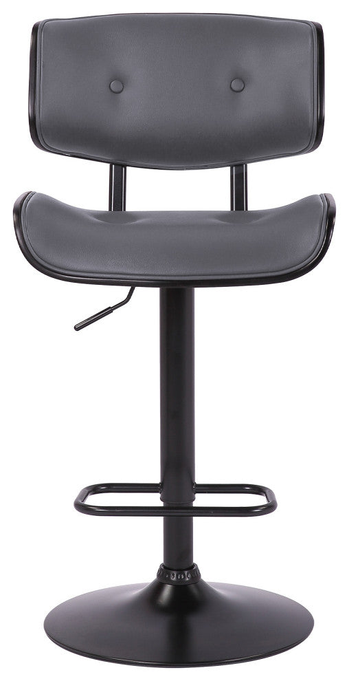 Adjustable Gray Tufted Faux Leather and Black Wood Swivel Barstool.