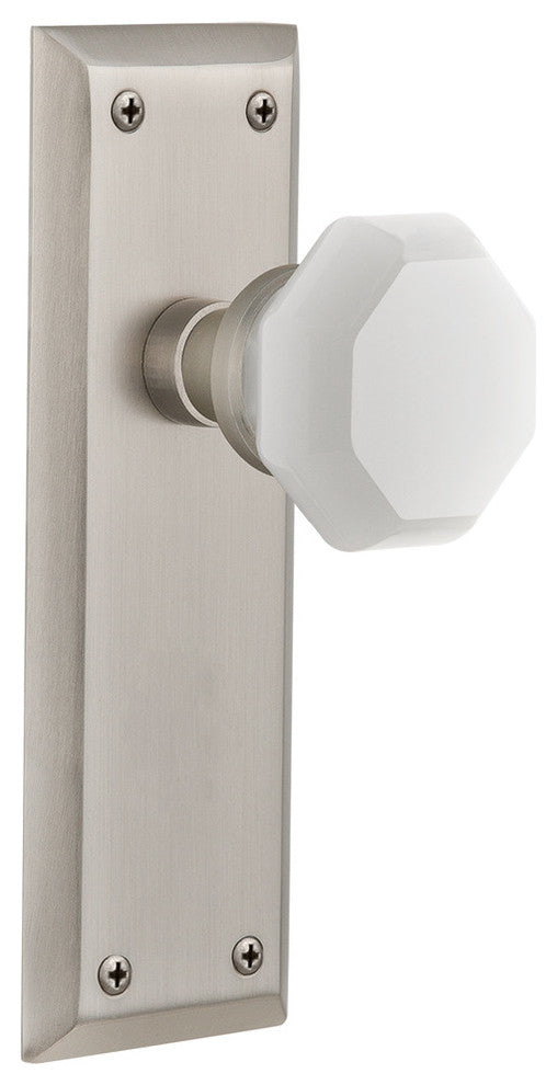 New York Plate Passage Waldorf White Milk Glass Knob, Satin Nickel