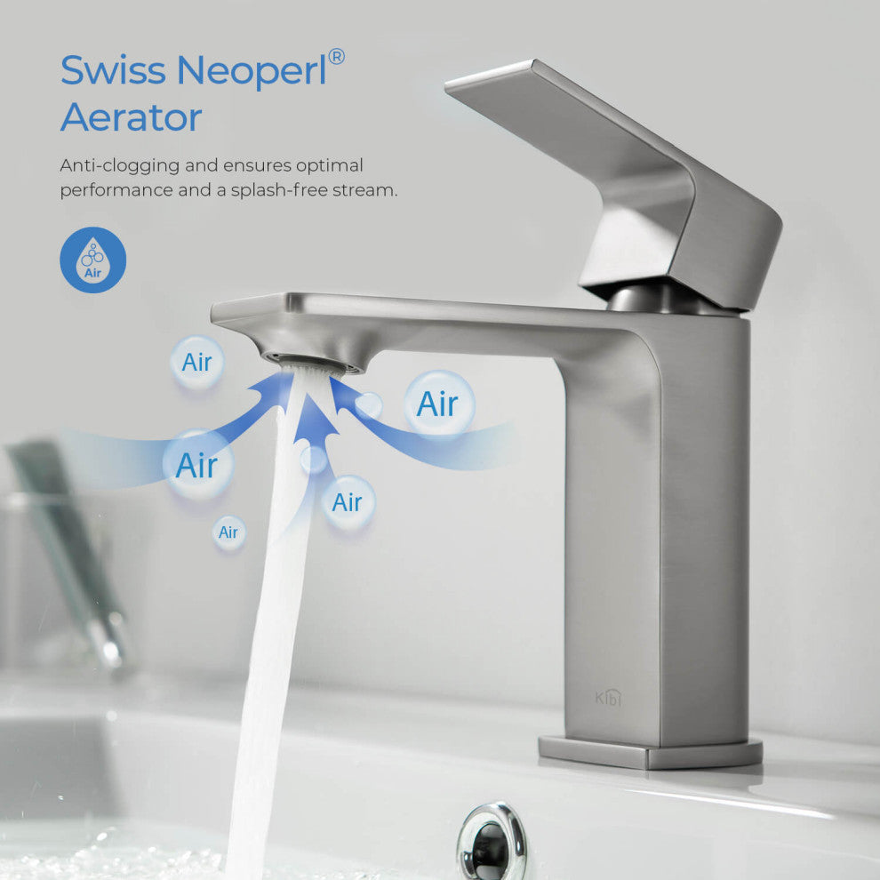 KIBI Mirage Single Handle Bathroom Faucet, Brush Nickel, With Drain