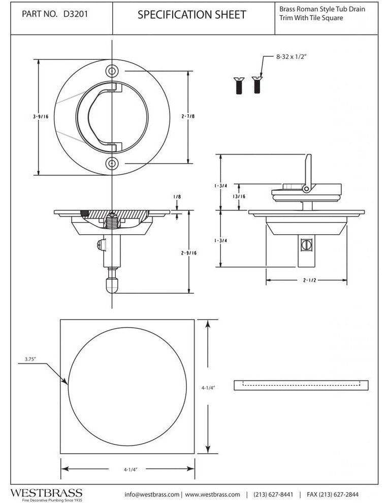 Roman Tub Drain Trim With 4.25" Od Tile Square In Oil Rubbed Bronze