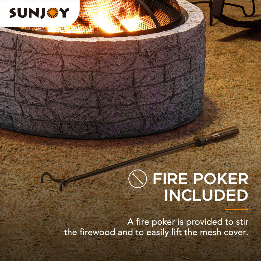 Sunjoy Stone 26" Round Wood Burning Firepit for Outside, Stone Gray