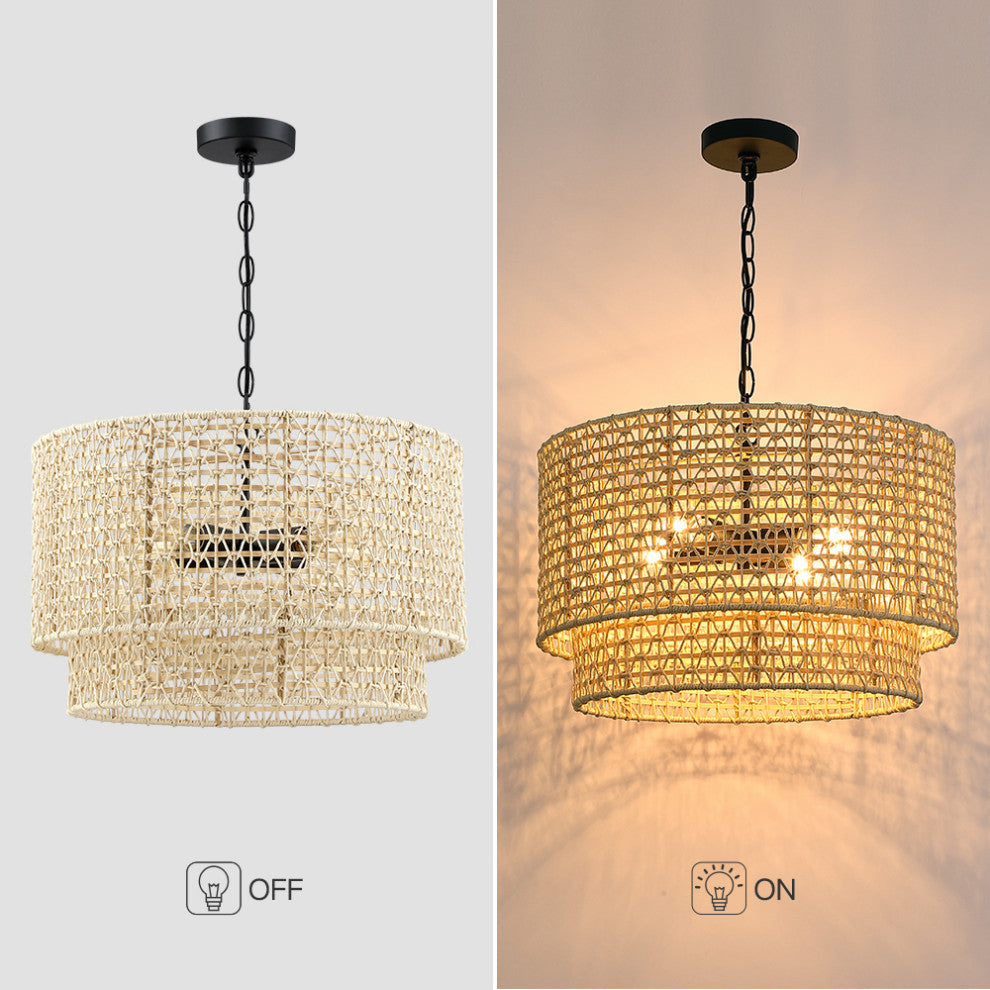 20" 4-Light Rattan Tiered Drum Chandelier Light With Black Canopy