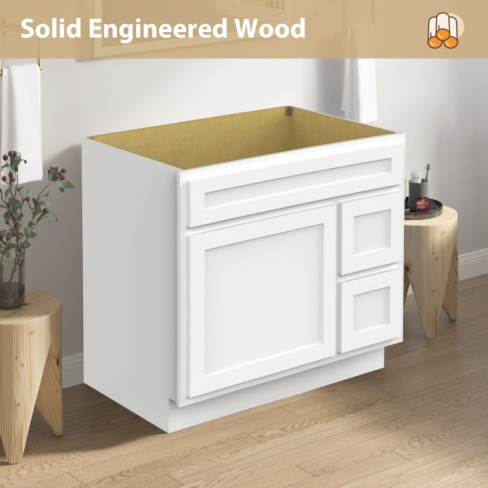 Vanity Art Vanity Base Cabinet, No Top, Drawers on Right, 36", White