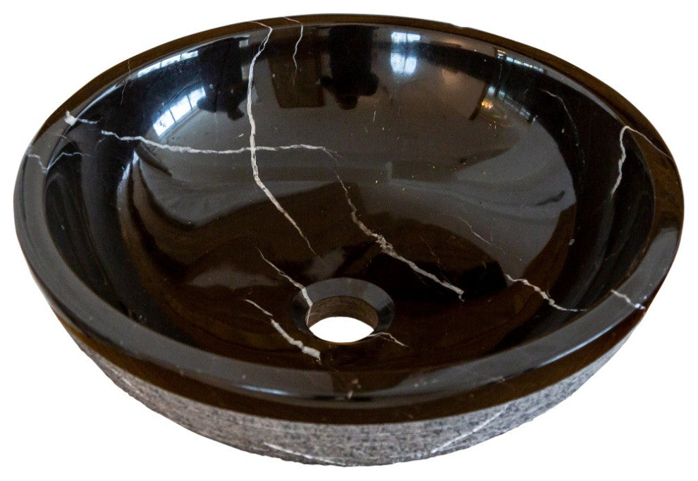 Natural Stone Toros Black Marble Vessel Sink Rough Exterior (D)16" (H)6"