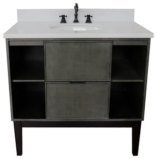 37" Single Vanity, Linen Gray Finish With Engineered Stone Top And Oval Sink