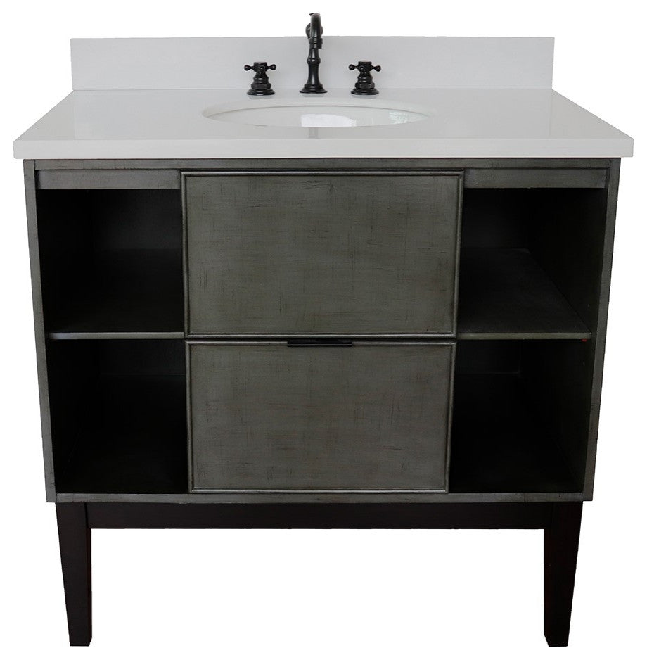 37" Single Vanity, Linen Gray Finish With Engineered Stone Top And Oval Sink