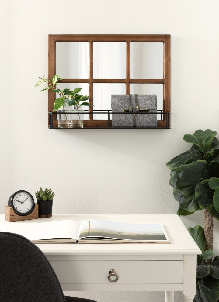 Jackson Wood Windowpane Mirror With Metal Shelf, Brown/Black, 24"x18"