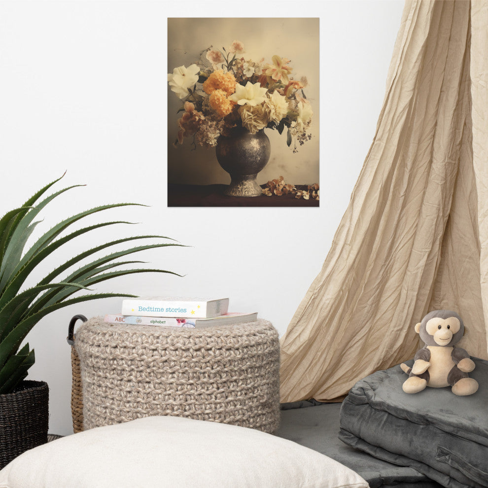 Floral Symphony Bouquet Retro Subdued Photorealism Digital Artwork Loose Print, 16" X 20"