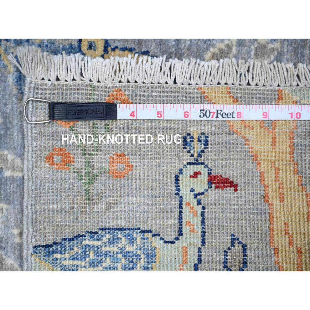 Gray Wool Afghan Peshawar Birds of Paradise Hand Knotted Runner Rug, 2'9"x9'8"