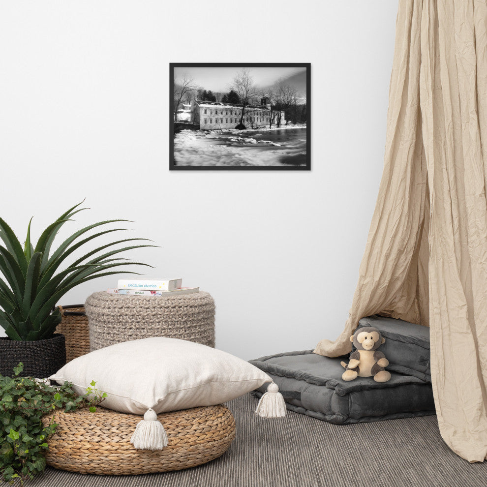 Winter at Powder Mill Rural Landscape Framed Photo Paper Wall Art Prints, Black, 18" X 24"