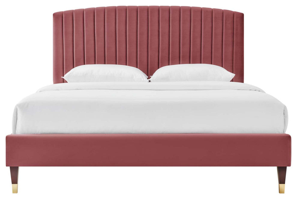 Platform Bed Frame, Queen Size, Pink, Velvet, Modern, Bedroom Guest Suite