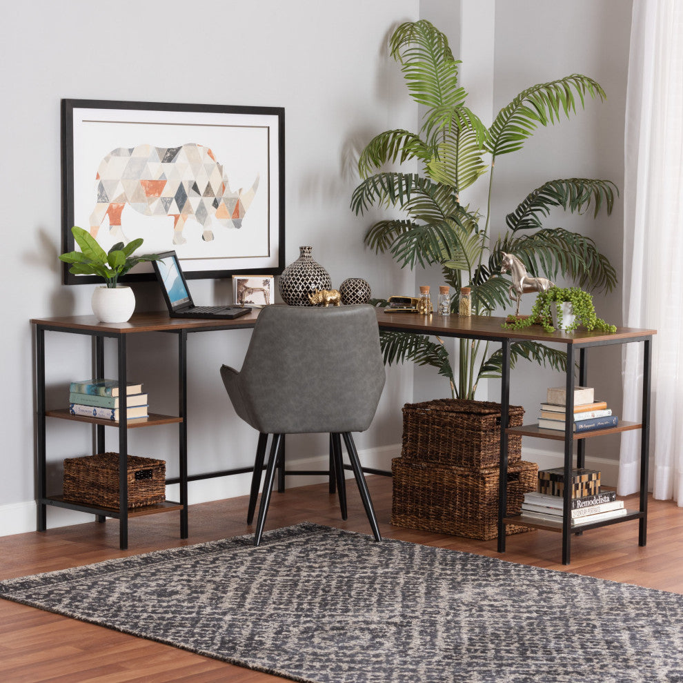 Marinda Walnut Brown L-Shaped Corner Desk with Shelves