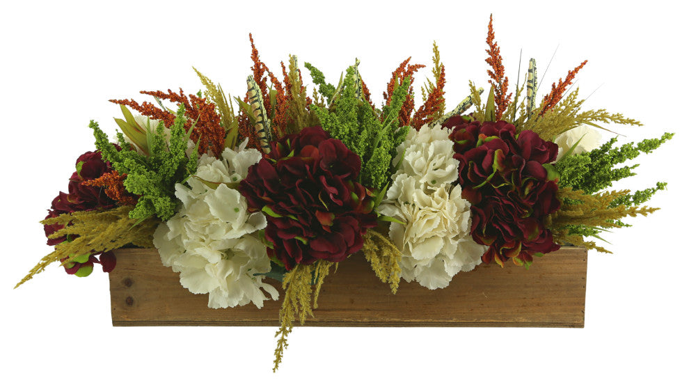Fall Hydrangea Arrangement in Wooden Basket