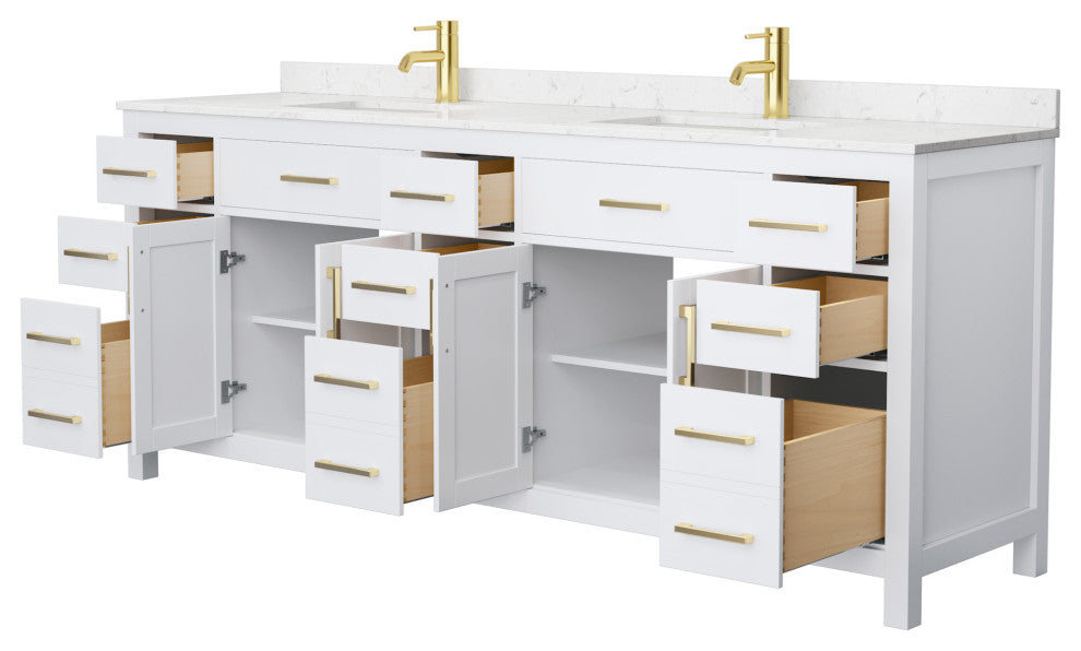 Beckett 84" White Double Vanity, Carrara Cultured Marble Top, Gold Trim