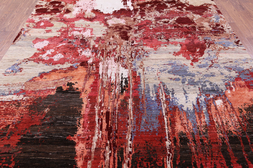 7' 9" X 10' 4" Abstract Hand Knotted Wool and Silk Rug Q8786