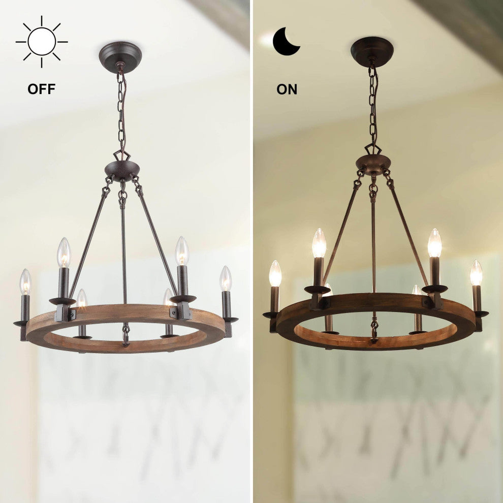 LNC 6-Light Farmhouse Distressed Wood Candle-Style Wagon Wheel Chandelier