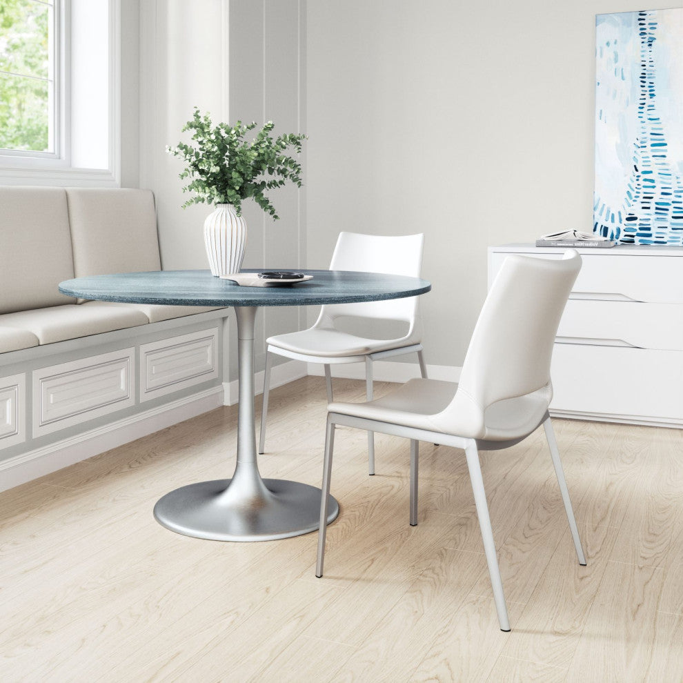 Dining Chair, Set of 2, Faux Vinyl Leather, Steel, White, Silver, Cafe Bistro