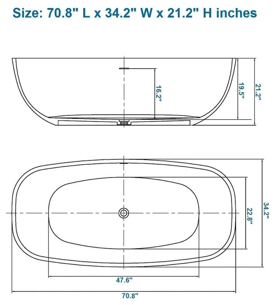 ADM Oval Freestanding Bathtub, Glossy White, 70.8"