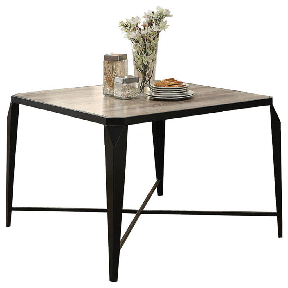 Square Shaped Wooden Dining Table with Metal Legs, Brown and Black