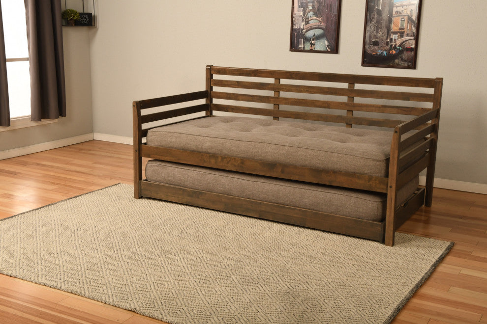 Boho Daybed With Pop Up and Linen Stone Mattresses, Rustic Walnut