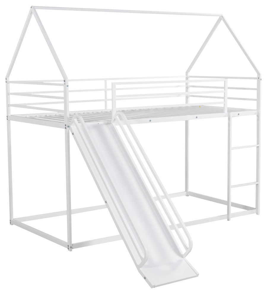 Gewnee Metal Twin Over Twin Bunk Bed House Bed with Slide in White