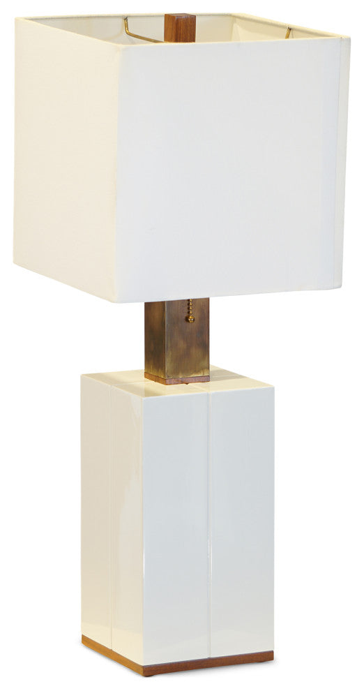 White High Gloss Table Lamp, Natural Brass, White Linen Shade