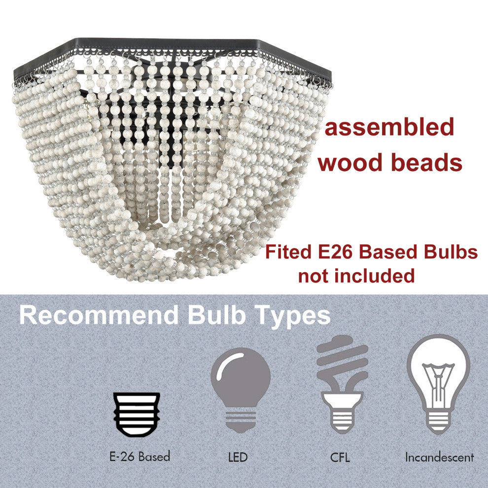 4-Light Contemporary Wood Beaded Chandelier Boho Ceiling Light