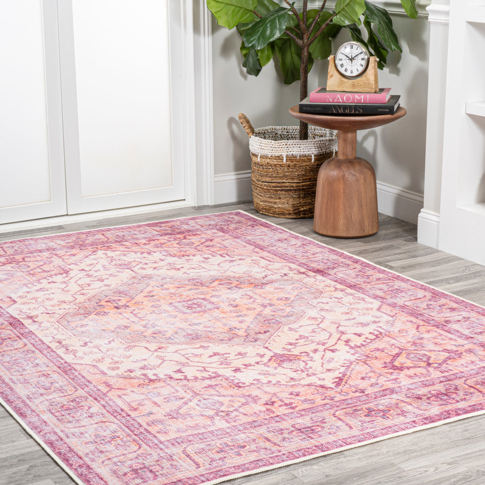 Alacati Ogee Medallion Machine Washable Indoor Area Rug, Red/Orange/Cream, 3 X 5
