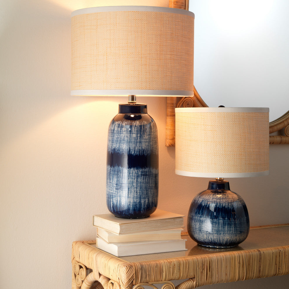 Small Batik Table Lamp, Indigo Ceramic With Small Drum Shade, Raffia