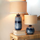 Small Batik Table Lamp, Indigo Ceramic With Small Drum Shade, Raffia