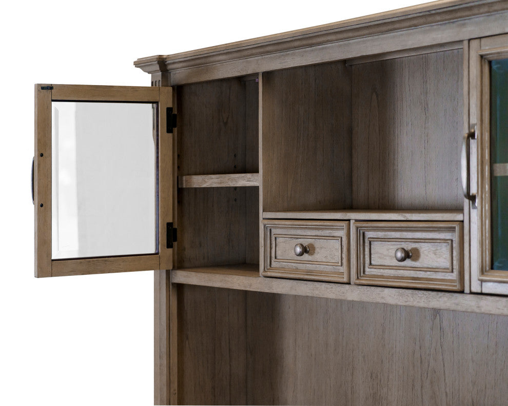Traditional Wood Hutch With Glass Doors Fully Assembled Light Brown