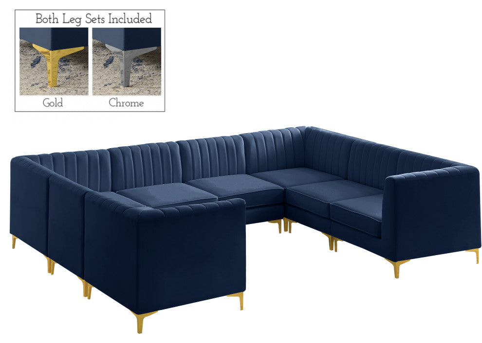 Alina Velvet Modular U-Shaped Sectional, Navy, 8-Piece: 4 Armless Chair, 4 Corner Chair