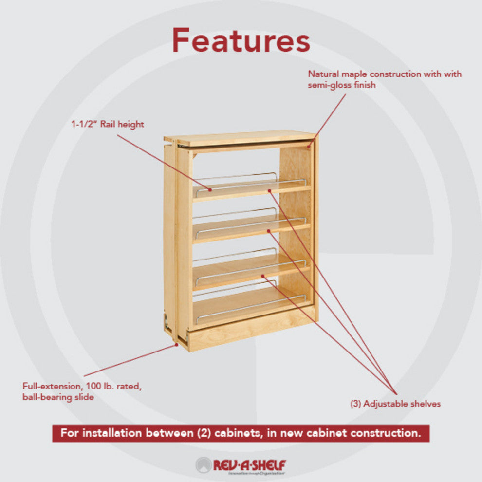 Wood Base Filler Pull Out Organizer for New Kitchen Applications, 9"