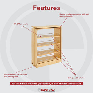 Wood Base Filler Pull Out Organizer for New Kitchen Applications, 9"